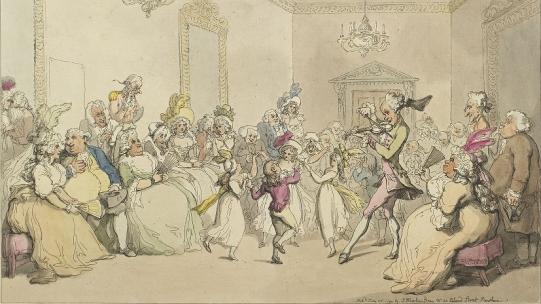 Thomas Rowlandson, [A Children’s Ball] (1790), Royal Collection Trust / © Her Majesty Queen Elizabeth II 2021. The image shows children dancing to the accompaniment of a dancing master playing a violin, observed on both sides by groups of adults. 