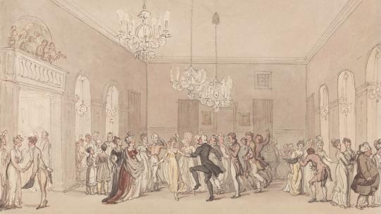 Thomas Rowlandson, A Ball at Scarborough, c.1820, showing a ballroom with chandeliers filled with people dancing and talking, accompanied by musicians in a raised gallery, Yale Center for British Art, Paul Mellon Collection.