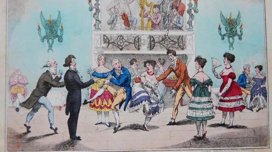 Charles Williams, ‘Dos a Dos or Rumpti iddity ido – Natural accidents in practicing Quadrille Dancing’ (1817) showing a group of dancers in a room, some bumping into each other, accompanied by five musicians in a raised gallery © The Trustees of the British Museum. 