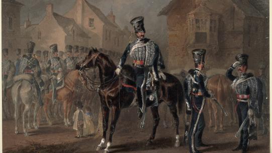 Michael Angelo Hayes, ‘Yorkshire Hussars, marching order, c.1840’, showing Hussar men dressed in black, silver and red uniforms on their horses, Anne S.K. Brown Military Collection, Brown University Library.