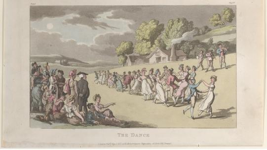 Thomas Rowlandson, ‘The Dance’ from Oliver Goldsmith's The Vicar of Wakefield (1817), showing two rows of people dancing outside © The Metropolitan Museum of Art, The Elisha Whittelsey Collection, The Elisha Whittelsey Fund, 1959. 