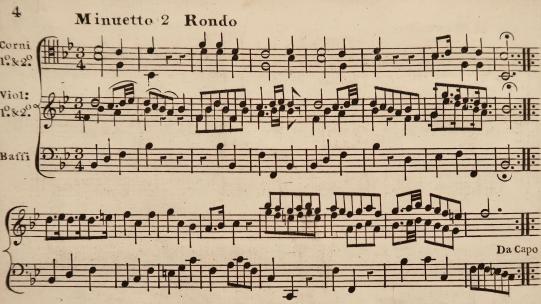 Extract of the score from Ignatius Sancho's Minuets Cotillons & Country Dances (c.1767), courtesy of the British Library Board, Music Collections a.9.b.(1.), p. 4. Extract of the score from Ignatius Sancho's Minuets Cotillons & Country Dances (c.1767), showing part of a minuet, courtesy of the British Library Board, Music Collections a.9.b.(1.), page 4.