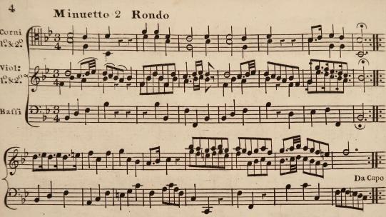 Extract of the score from Ignatius Sancho's Minuets Cotillons & Country Dances (c.1767), showing part of a minuet, courtesy of the British Library Board, Music Collections a.9.b.(1.), page 4.