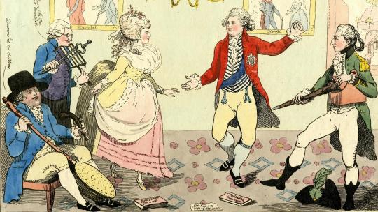 ‘The April Fool or the Follies of a Night’ (1786) © The Trustees of the British Museum. The image shows Mrs Fitzherbert and the Prince of Wales dancing to musicians who use weapons and household objects as instruments.  